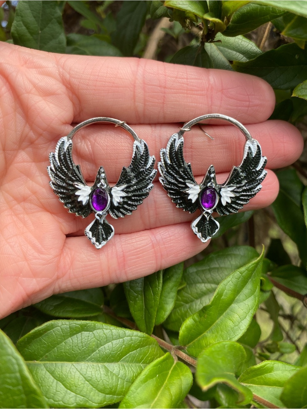 Goth Crow Silver-tone Winged Hoop Earrings with Purple Faux Jewel NWT